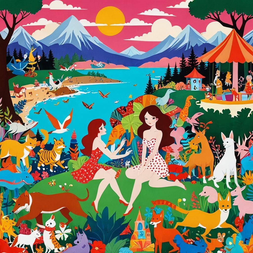 A vibrant and playful collage showcasing various animated adult scenes, featuring stylized characters in dynamic poses, surrounded by an assortment of colorful and imaginative kinky toys. The background should be a dreamy landscape, incorporating elements of both fantasy and eroticism, creating an inviting and whimsical atmosphere. Bright, bold colors should dominate the composition, adding a sense of excitement and allure. cartoon illustration. vibrant colors. fantasy theme.